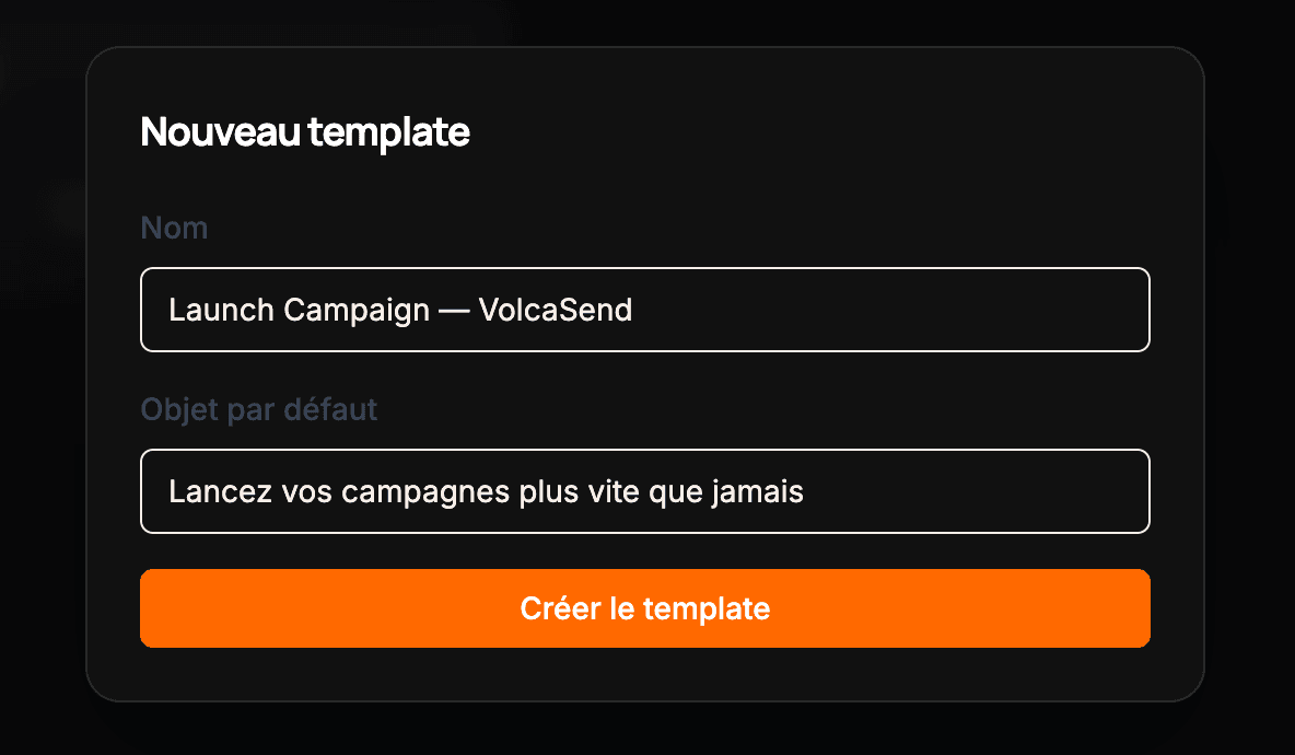 Formulaire de template dans VolcaSend