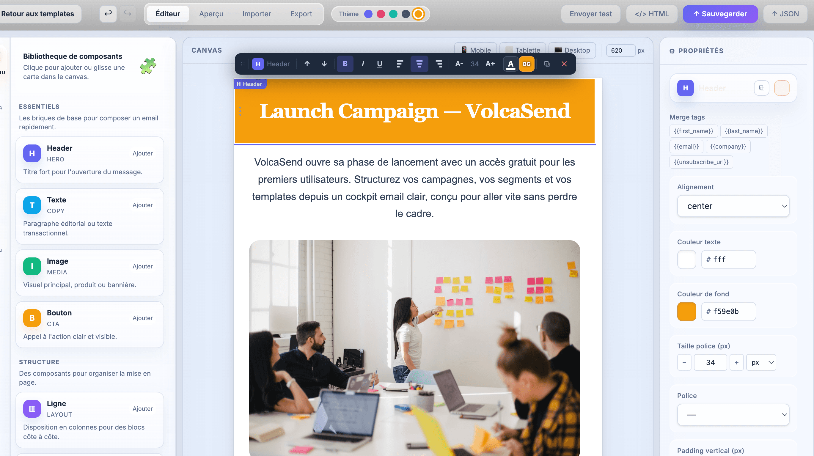 Interface de construction de template VolcaSend